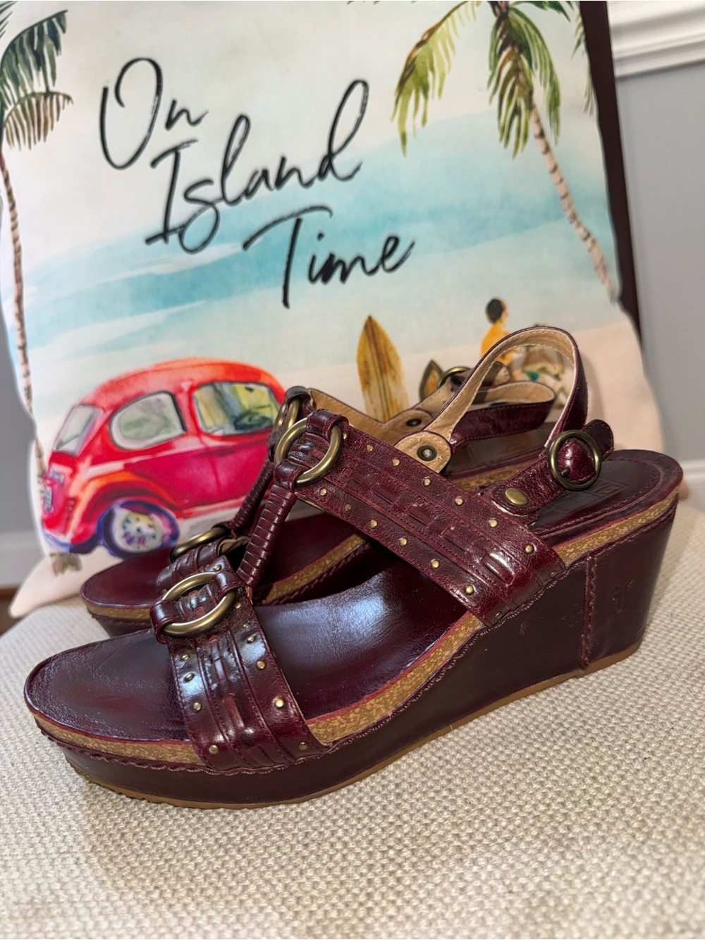 Frye Ivy O Ring Sling Sandals In Burgundy Leather Size 7